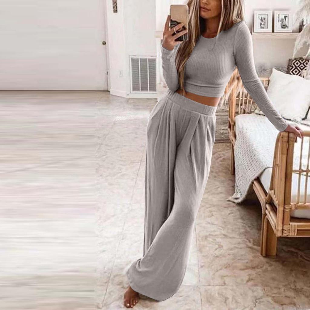 Women's Solid Color Knitted Casual Two-Piece Set - Autumn/Winter Collection