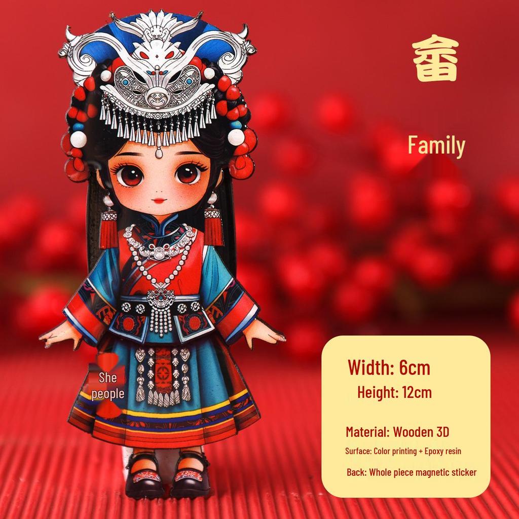 Chinese Ethnic Figures Wooden Magnets - Cultural Souvenir Stickers