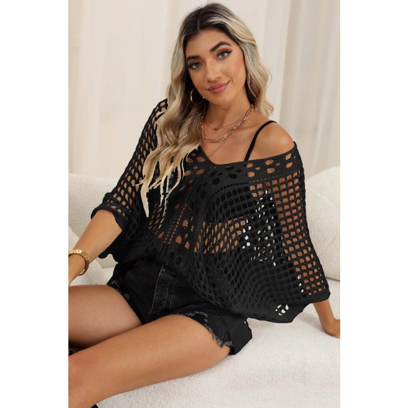 

Женские бикини с блузкой, ажурная трикотажная рубашка, рукав «летучая мышь», свободный повседневный топ One size чёрный