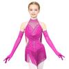 Girls Latin Dance Costume Sparkly Rhinestone Leotard with Ruched Mesh Cutout Tassel and Matching Mesh Gloves for Dance Competition