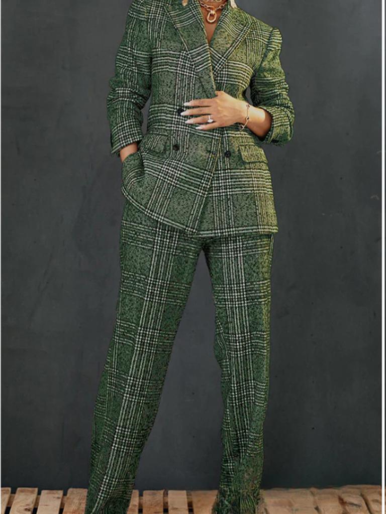 Women's Grid Coat Suit New Style Loose Fit Long Pants Set Outfit