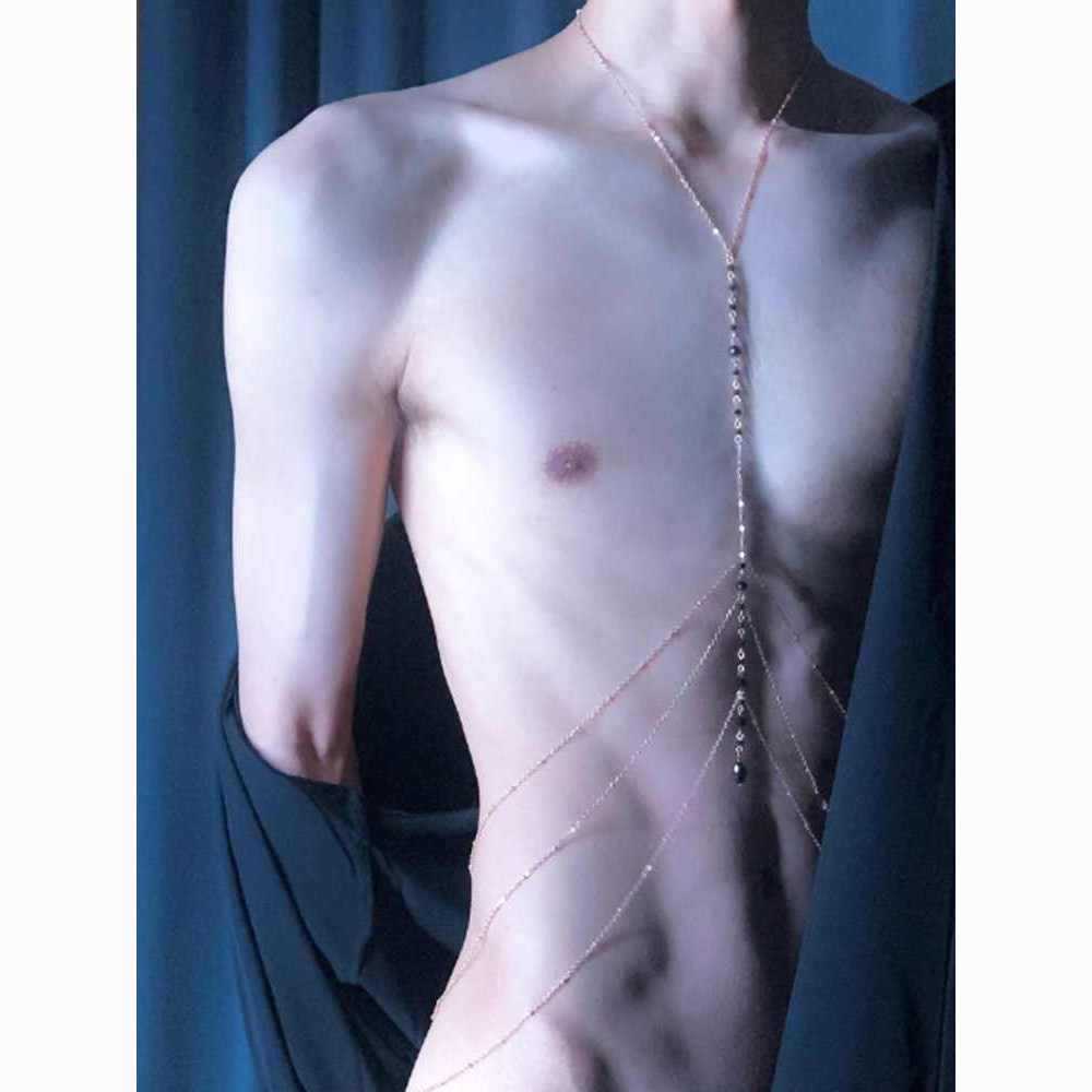 Chest chain for men, rhinestone body chain, milk chain for nightclubs, multi-layer tassel sparkling diamond lingerie chain for men