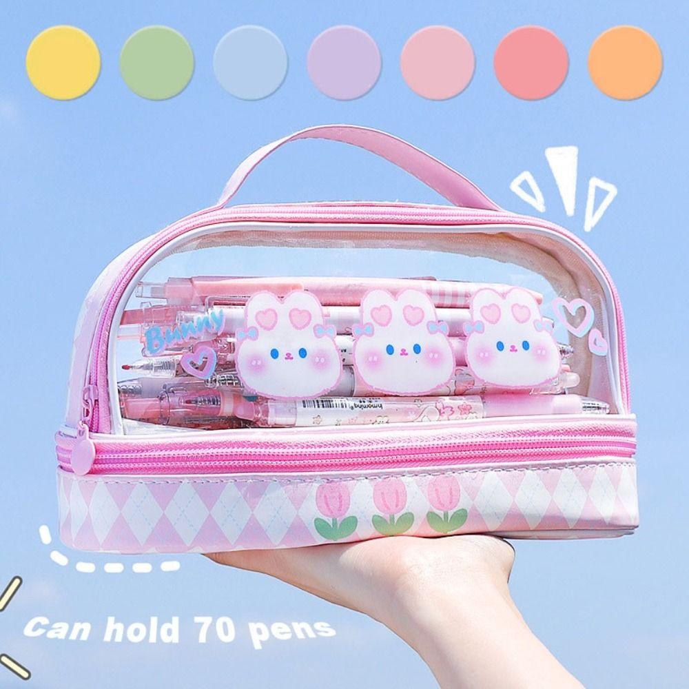 PVC Stationary Organizer Double Layer Pen Bag Portable Pencil Case