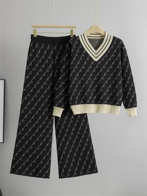 Γυναικείο Σετ Πλεκτό Πουλόβερ με Ρίγες & Παντελόνι Φαρδύ Πόδι Φθινόπωρο/Χειμώνας - Casual Αθλητικό Ρούχο Στυλ 'Little Fragrance'