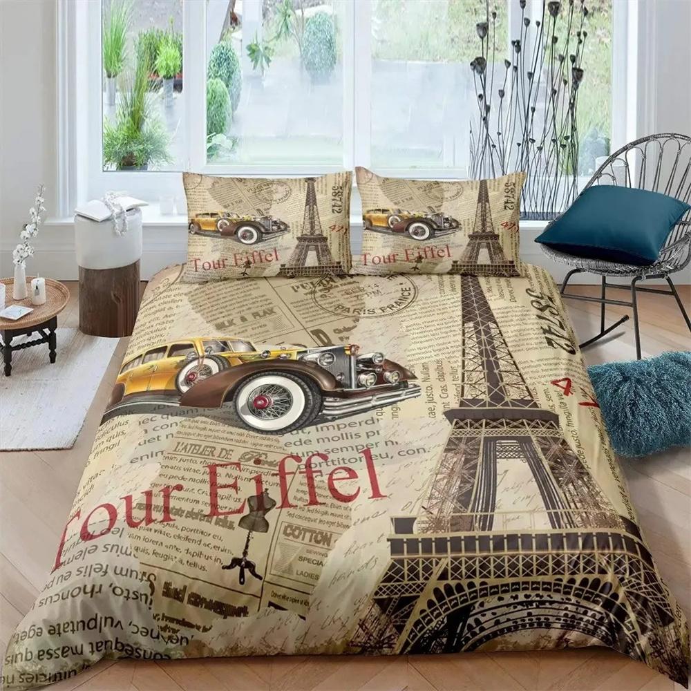 Eiffel Tower Duvet Cover Set Paris France Bedding Sets Queen Size Old Newspaper Style Comforter Cover for Men Women,Gray Stylish