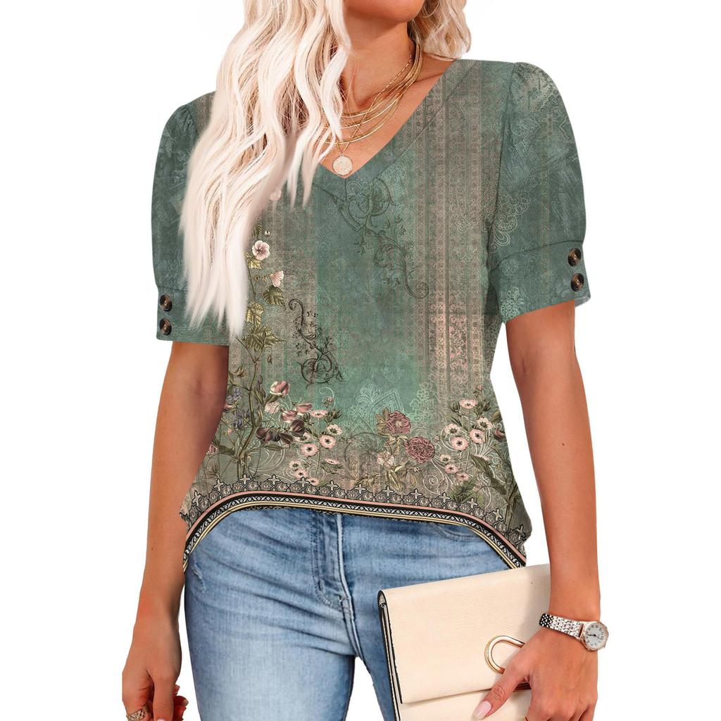 Womens Tops Short Sleeve Shirts Buttons V Neck  Fashion Outfits  Blouses  Casual