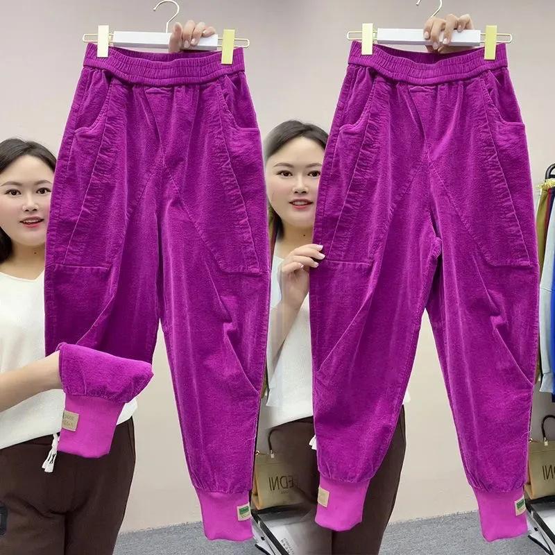 Frühling Herbst Unifarbene Cordhose Damen Elastische Taille Lockere Haremshose Lässige Bündchenhose Damen 4XL rose rot