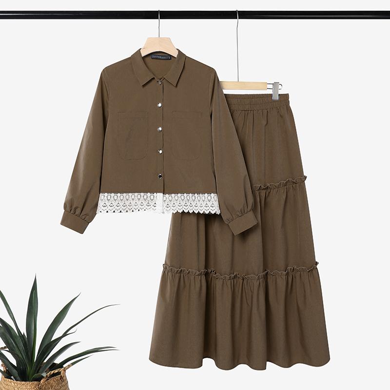 ZANZEA Ensembles Deux Pièces Élégants pour Femmes : Blouse à Manches Longues Bordée de Dentelle et Longues Jupes