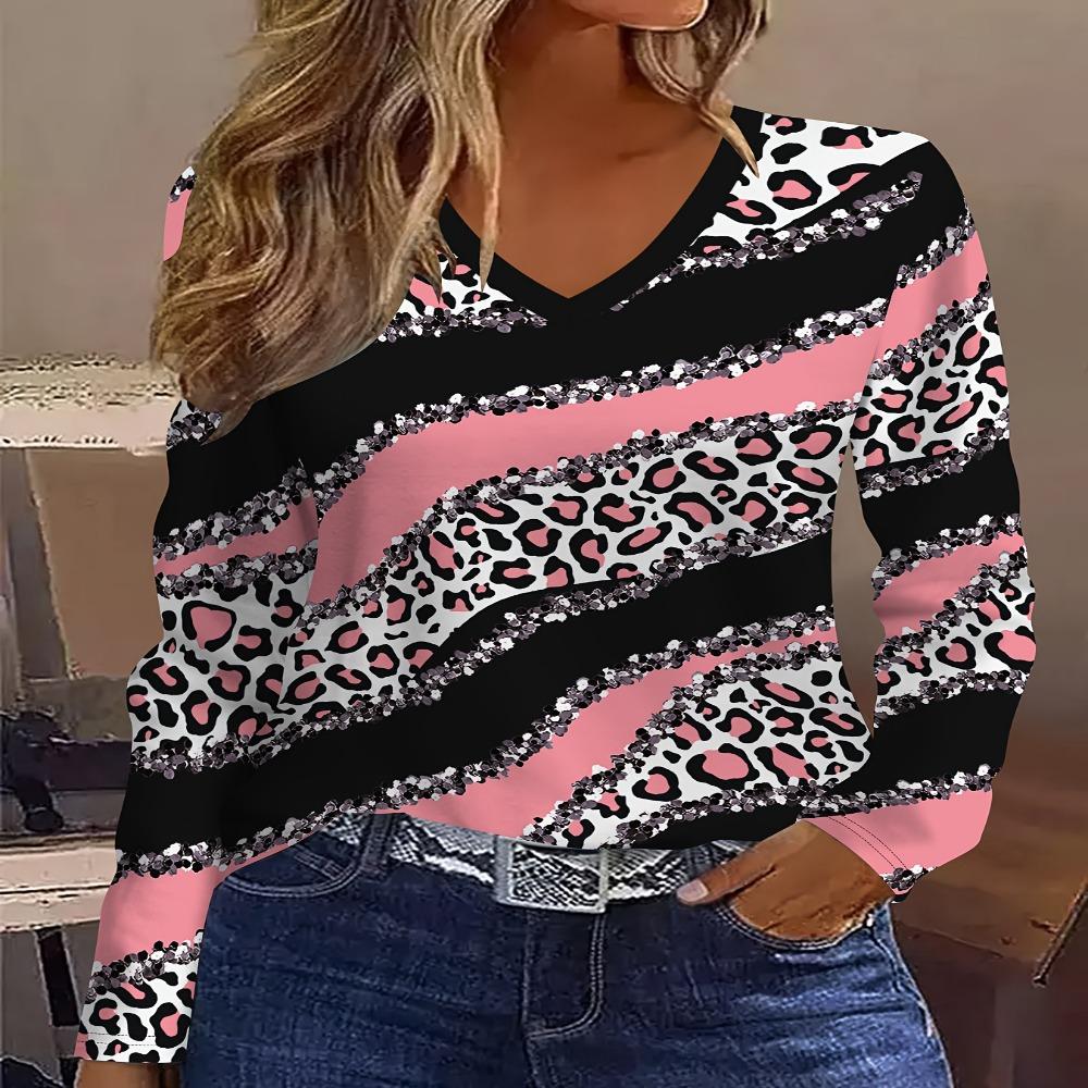 Casual Vacation Abstract Painting Leopard Print, Striped Graphic, V-Neck Long Sleeve T-Shirt, Casual Shirt 0XL