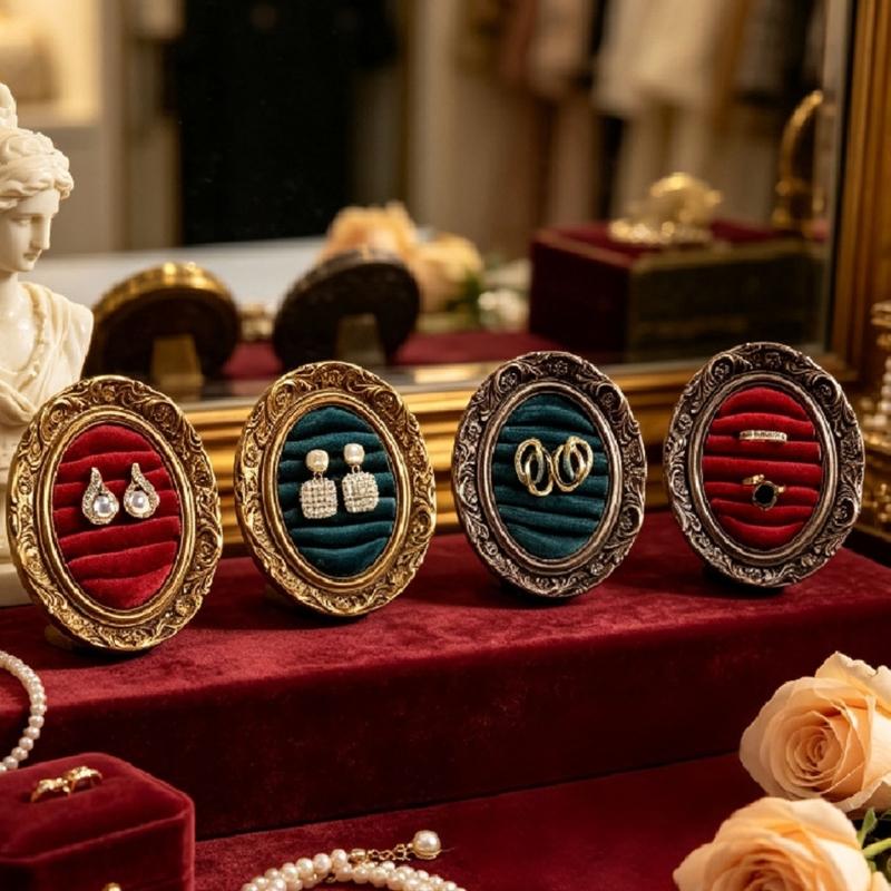 Ring Display Tray with Multiple Horizontal Slots, Ornate Oval Scrollwork Frame and Flat Base for Tabletop Presentation