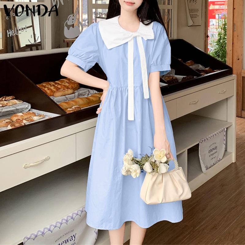 VONDA Women Doll Collar Short Sleeve Pleated Midi Dress