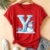 Christmas Snowman Alphabet T-Shirt Women Blue Ice Alphabet Graphic Tees Christmas Holiday Casual Red Short Sleeve Unisex Tops