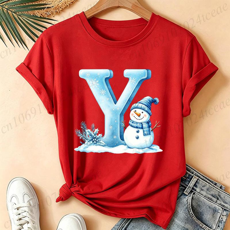 Christmas Snowman Alphabet T-Shirt Women Blue Ice Alphabet Graphic Tees Christmas Holiday Casual Red Short Sleeve Unisex Tops