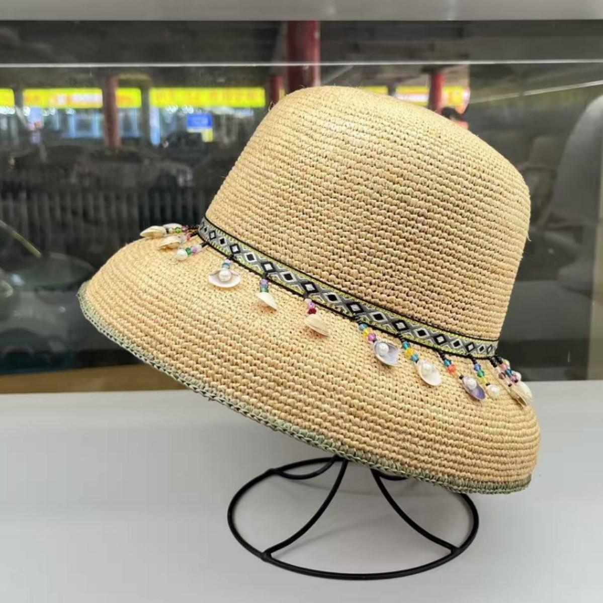 

Hand hook imported raffia hat women s seaside vacation colored shell dome lampshade hat sun protection fisherman basin hat M（55-58cm）