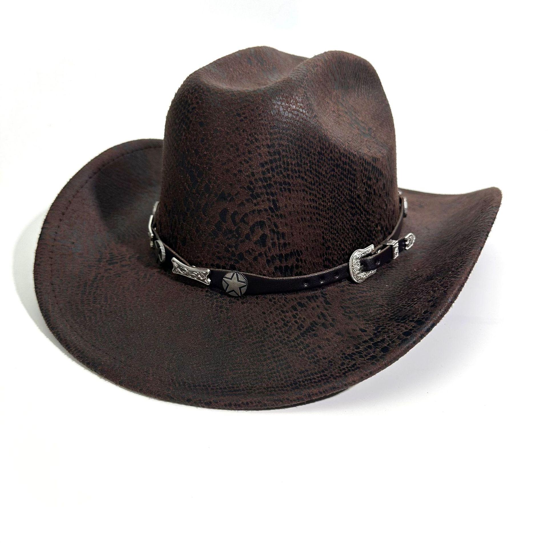 

Men S And Women S New Peach Top Western Cowboy Hat European And American Style Jazz Hat Big Edge Top Hat M（56-58cm） темно-коричневого кольору