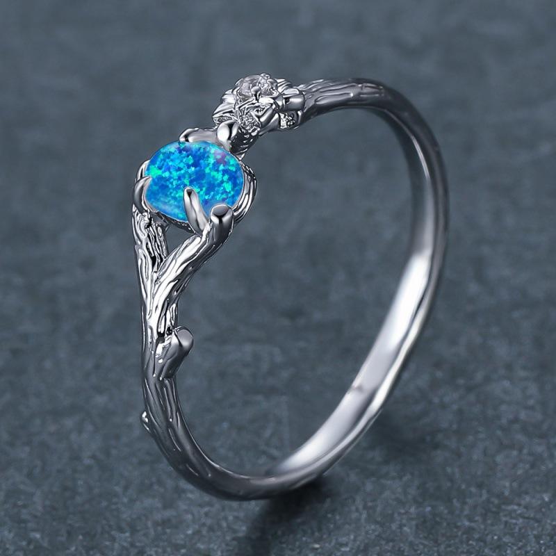 Vintage Plum Blossom Branch Platinum Oval Blue and White Opal Ring Personalized European and American Ring no. 6