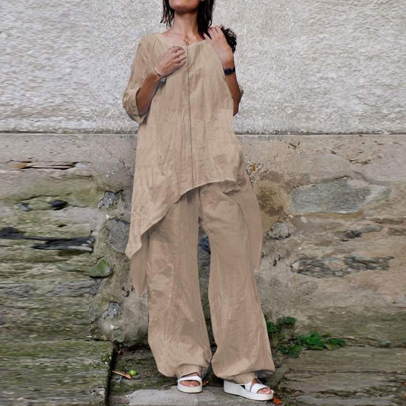 

Женский льняной костюм-двойка Льняной костюм Брюки и рубашки с рукавами три четверти с неровным подолом Повседневный брючный костюм Льняная блузка с круглым вырезом Свободное белье XXXL