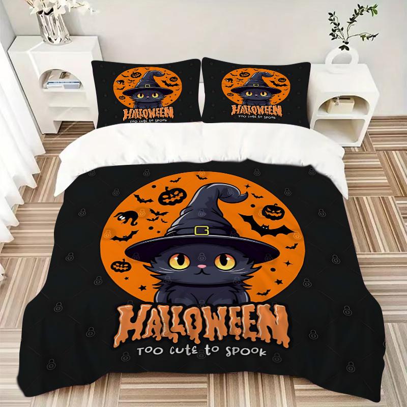 3pcs Cute Happy Halloween Cat Witch Hat Bedding Set - 1 Soft Quilt Cover + 2 Pillowcases, Machine Washable - Suitable for All Seasons, Perfe