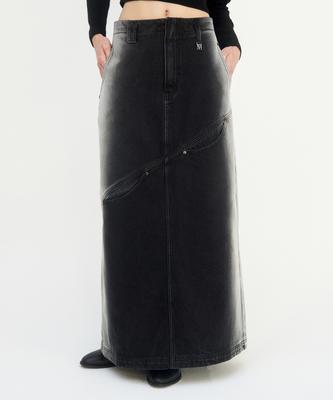 Teulimingbeodeu Curved Pocket Cut Denim Skirt [ Black ]