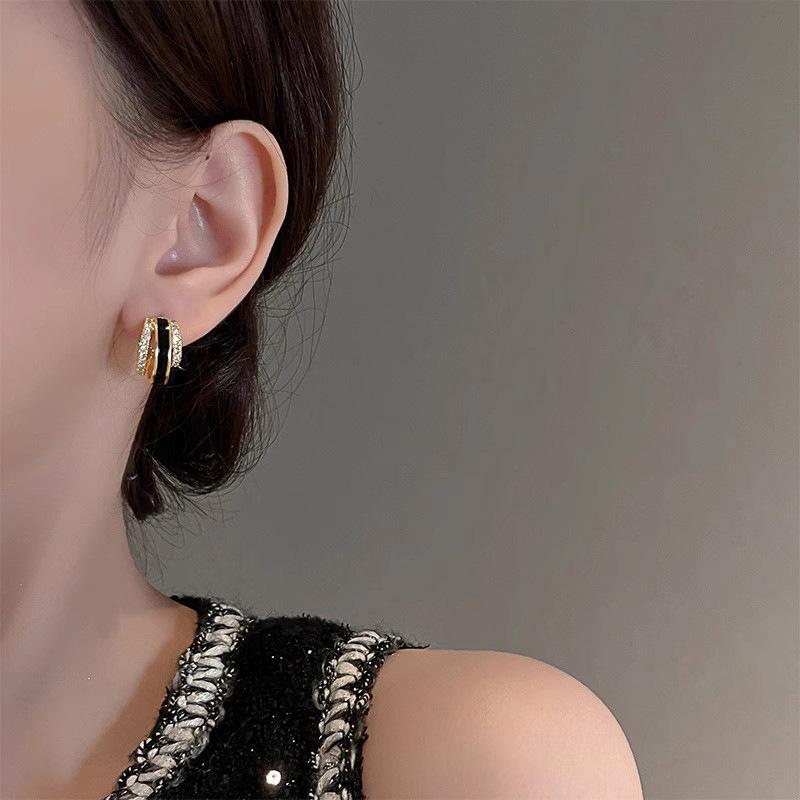 Gold Plated Black Enamel & CZ Huggie Hoop Earrings, Three-Band Crystal Hoop Earrings for Women