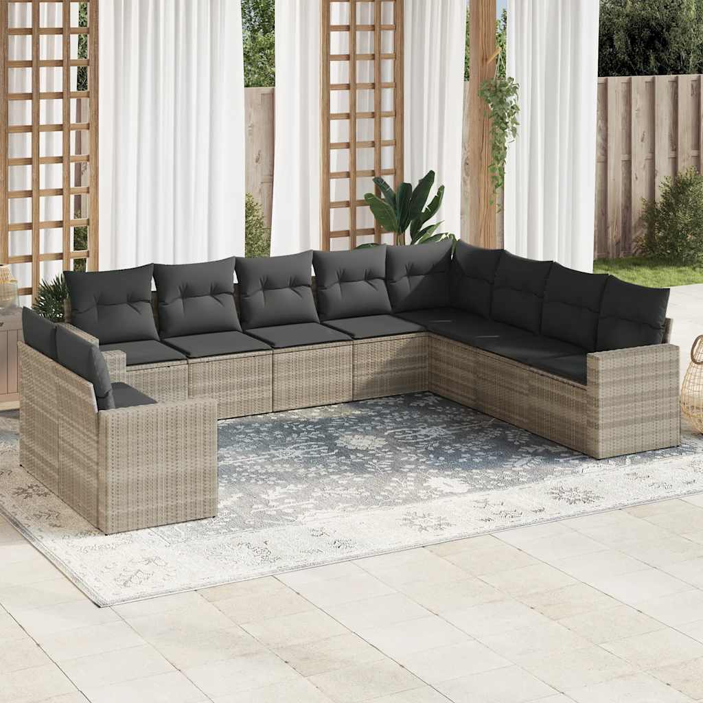 10 Piece Garden Sofa Set with Cushions Light Grey Poly Rattan