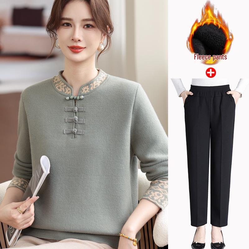 Year of the Rat Red Velvet Sweater for Mid-Aged and Elderly Women - Chinese Style Warm Winter Clothing
