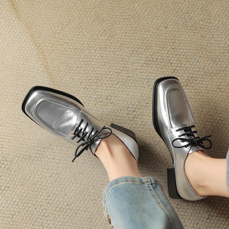 Moda 2024 Nowe Wiosenne Skórzane Damskie Buty Codzienne Mokasyny Sznurowane Kwadratowy Nosek Buty Oksfordzkie Szpilki Srebrne Damskie Buty