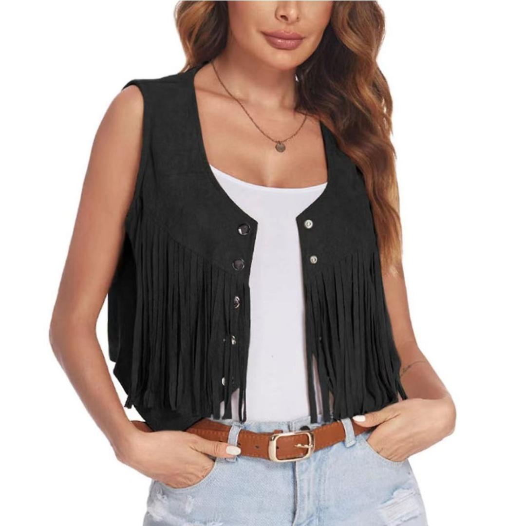 Women Faux Suede Ethnic Sleeveless for Jacket Rivet Fringe Tassels Hippie Open Front Cardigan Vintage Cowgirl Waistcoat Vest XS чёрный
