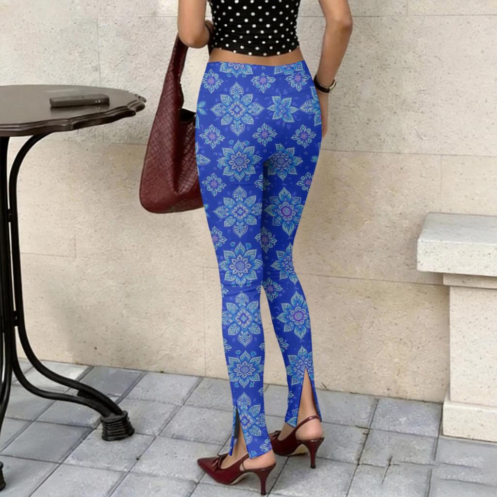 Women's Slim Pants with Retro Floral Print and Side Slit Design - Black