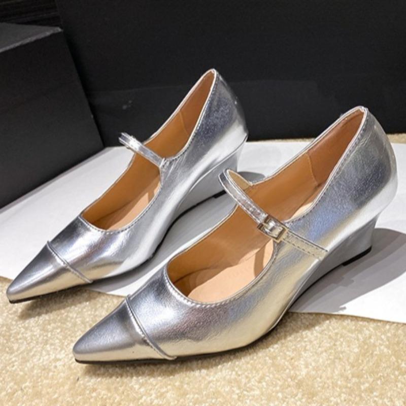 

Модные туфли-клинья в стиле колор-блок из лакированной кожи, летняя новинка, модный острый носок, неглубокий вырез, ремешок-слингбэк, нескользящие каблуки 40 серебряный