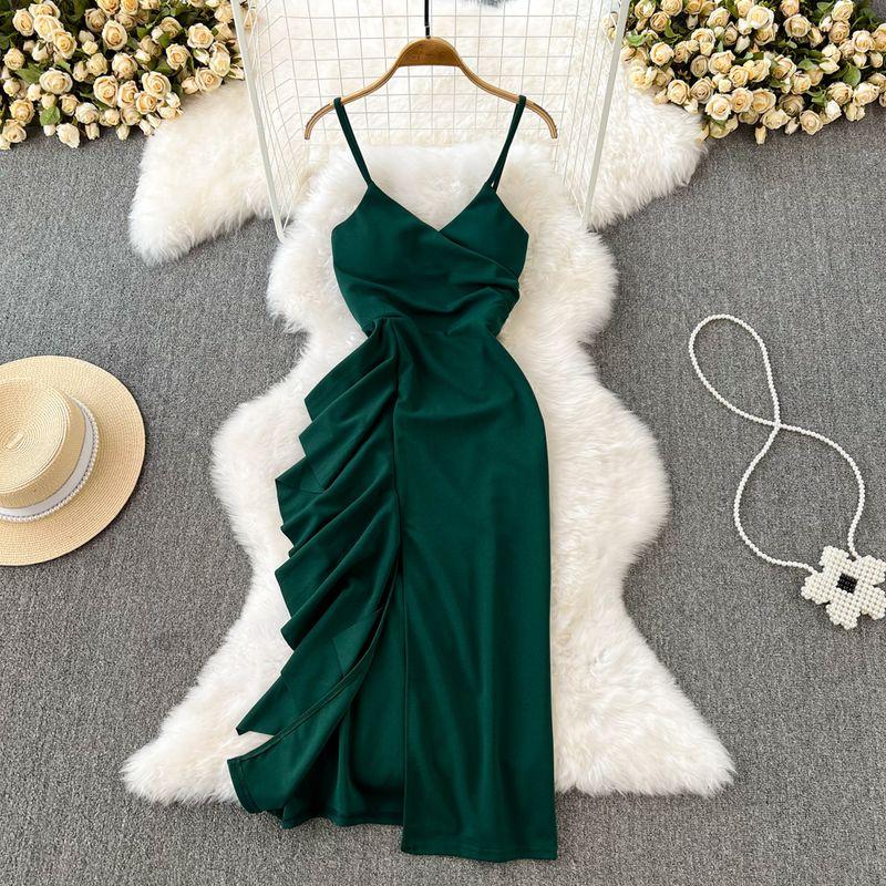 

High Waist Vintage Ruffled Side Split Dress Sling Dark green M
