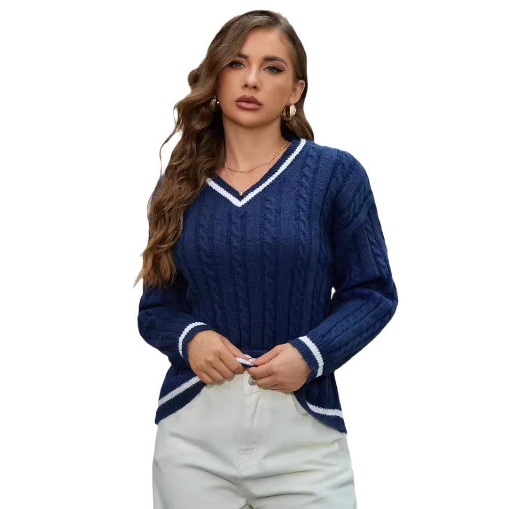Elegant V-neck Pull-over with White Trim, Long-sleeved Women’s Jumper – Cable-knit, Versatile Top