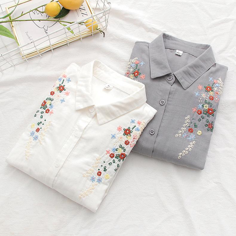 Spring Double Layer Yarn Embroidery Small Flower Bottom Shirt Blouse