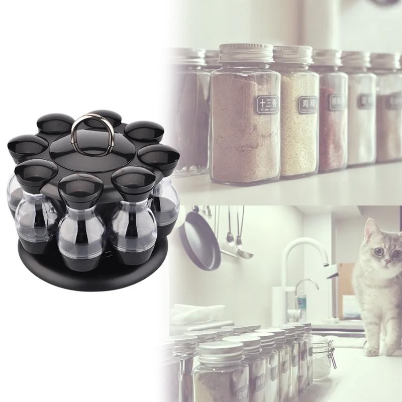 Modern Rotatable Spice Organizer With Black Material For Home Kitchen And Gourmet Cooking