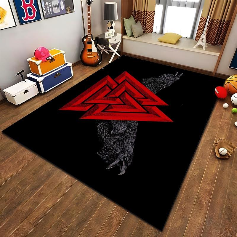Red Geometric Pattern Black Carpet with Raven Design for Living Room Suitable for use as an anti-slip for living room bedroom sofas