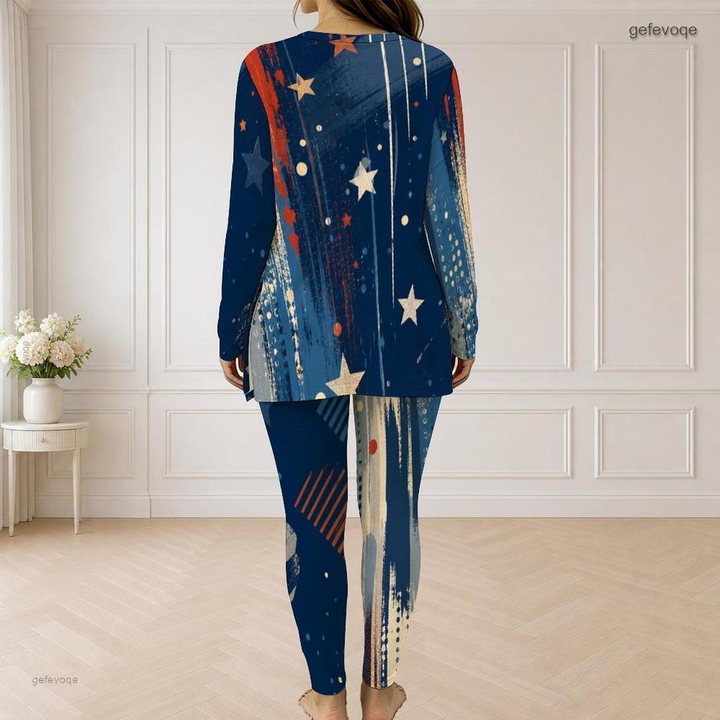 Women Plus Size Printed Two Piece Set Half Zip Long Sleeve Longline Top Fitted Long Pants
