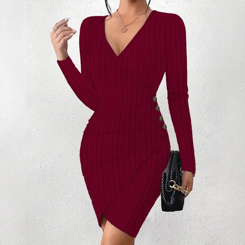 Autumn And Winter Solid Color V-Neck Tight-Fitting Hip-Wrapped Slim-Fitting Sexy Long-Sleeved Dress For Women