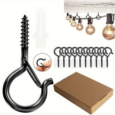 10 sztuk/pudełko Czarne haki z klamrą bezpieczeństwa, sufitowe haki śrubowe do wieszania zewnętrznych lampek sznurkowych, wiszące rośliny