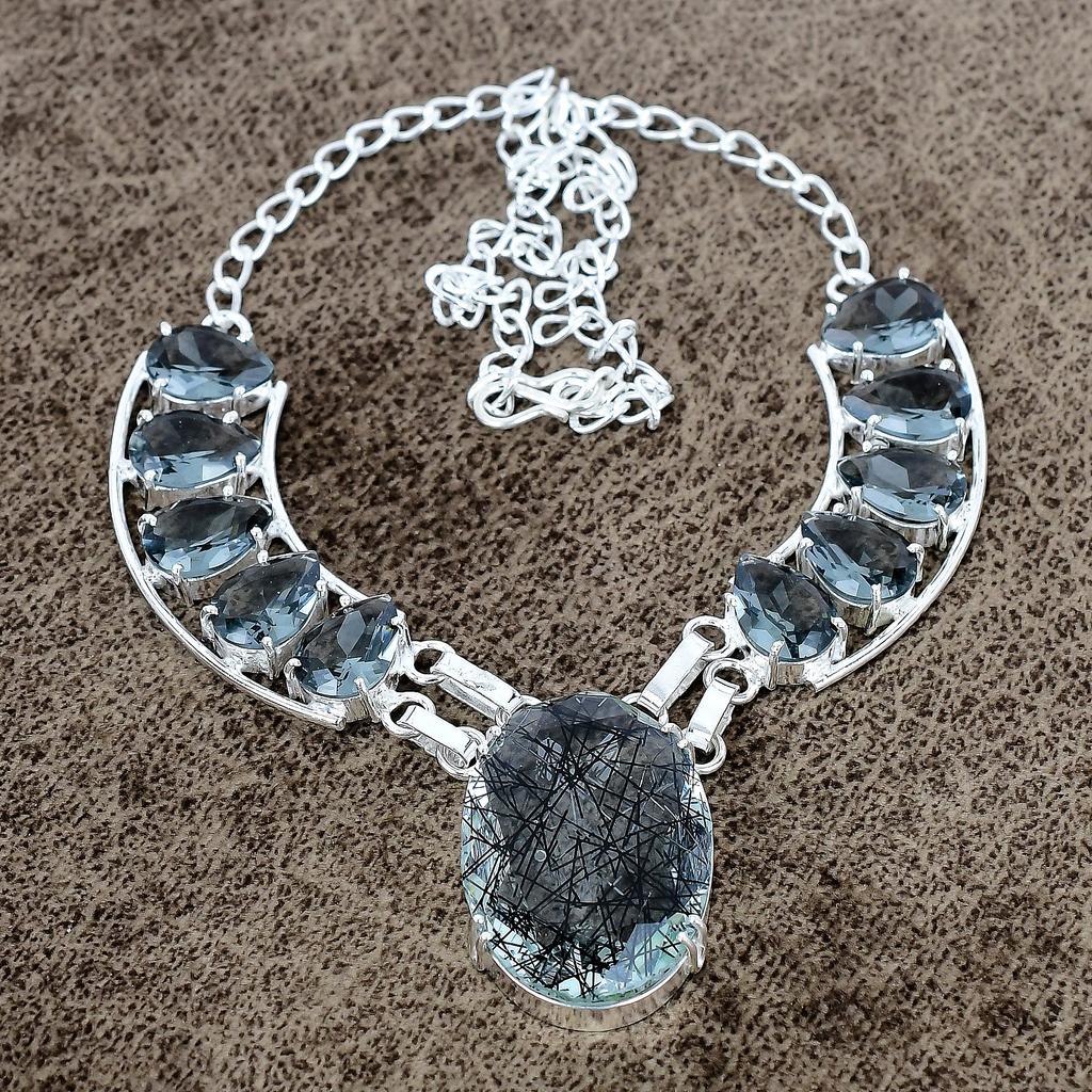Black Rutile Gemstone Handmade 925 Sterling Silver Jewelry Necklace 18" KKG-434