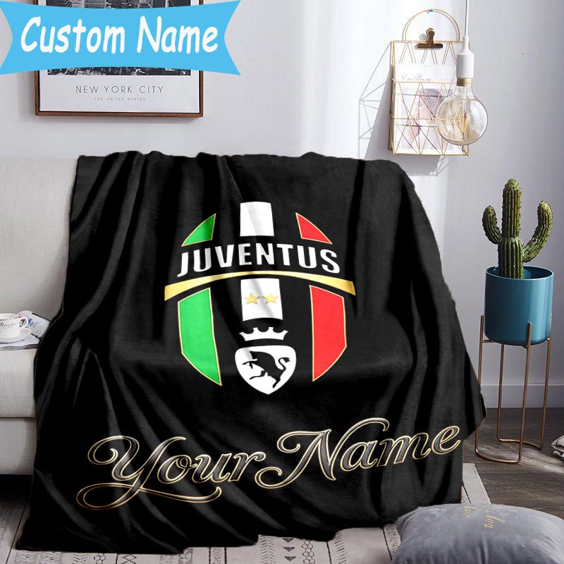 Custom Name Juventus Football Crest Flannel Blanket, Use for Birthday/Holiday Gift, Soft Blanket for Sofa/Bed/Camping/Office, Home Decor