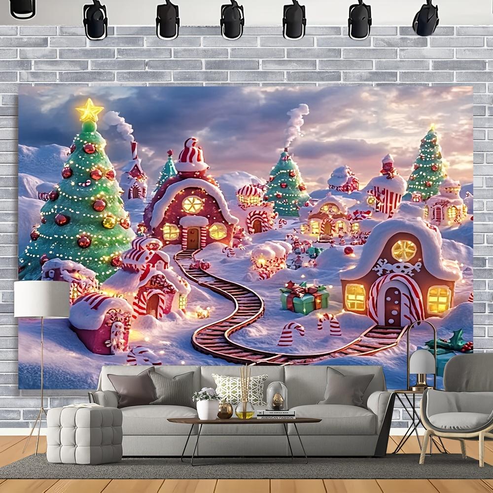 2D1 charming Christmas village background - fairyland winter snow scene gingerbread house and holiday decorations polyester