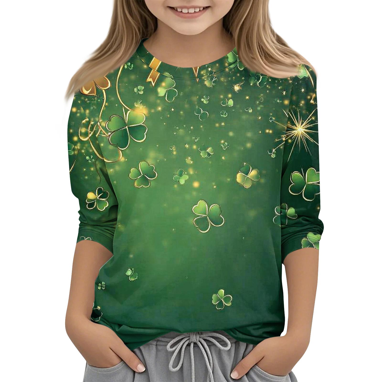 

улица. Топы с принтом ко Дню Святого Патрика для девочек-подростков 4-11 лет, футболки с круглым вырезом и рукавами 3/4, модные топы, футболки для наряда 160