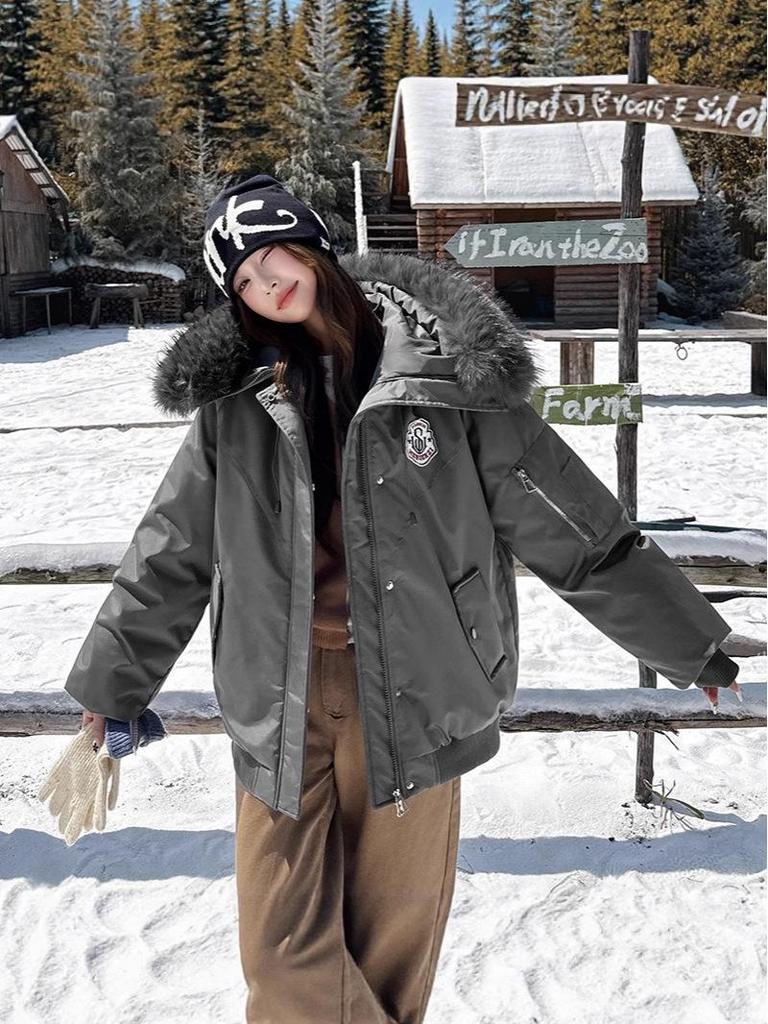 Women's Winter Hooded Cotton-Padded Parka with Stand-Up Collar and Badge Design