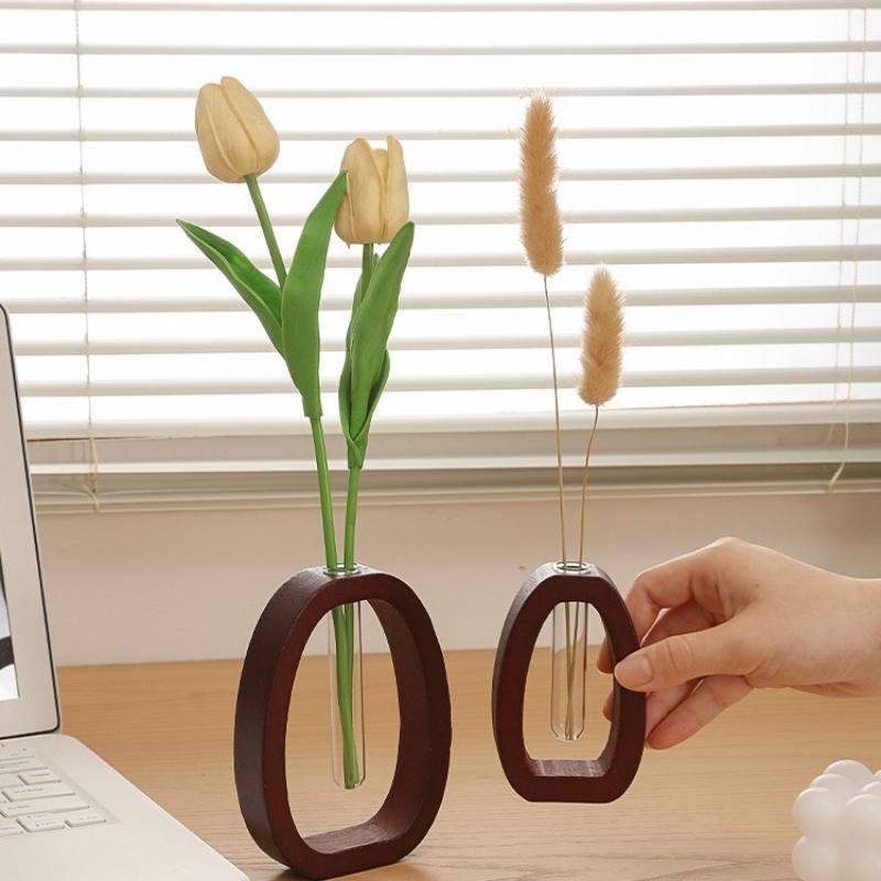 1 Set Vase Hydroponic Test Tube Shape With Wooden Stand Clear Flower Plants Vase Table Propagation Vase Home Desktop Decoration