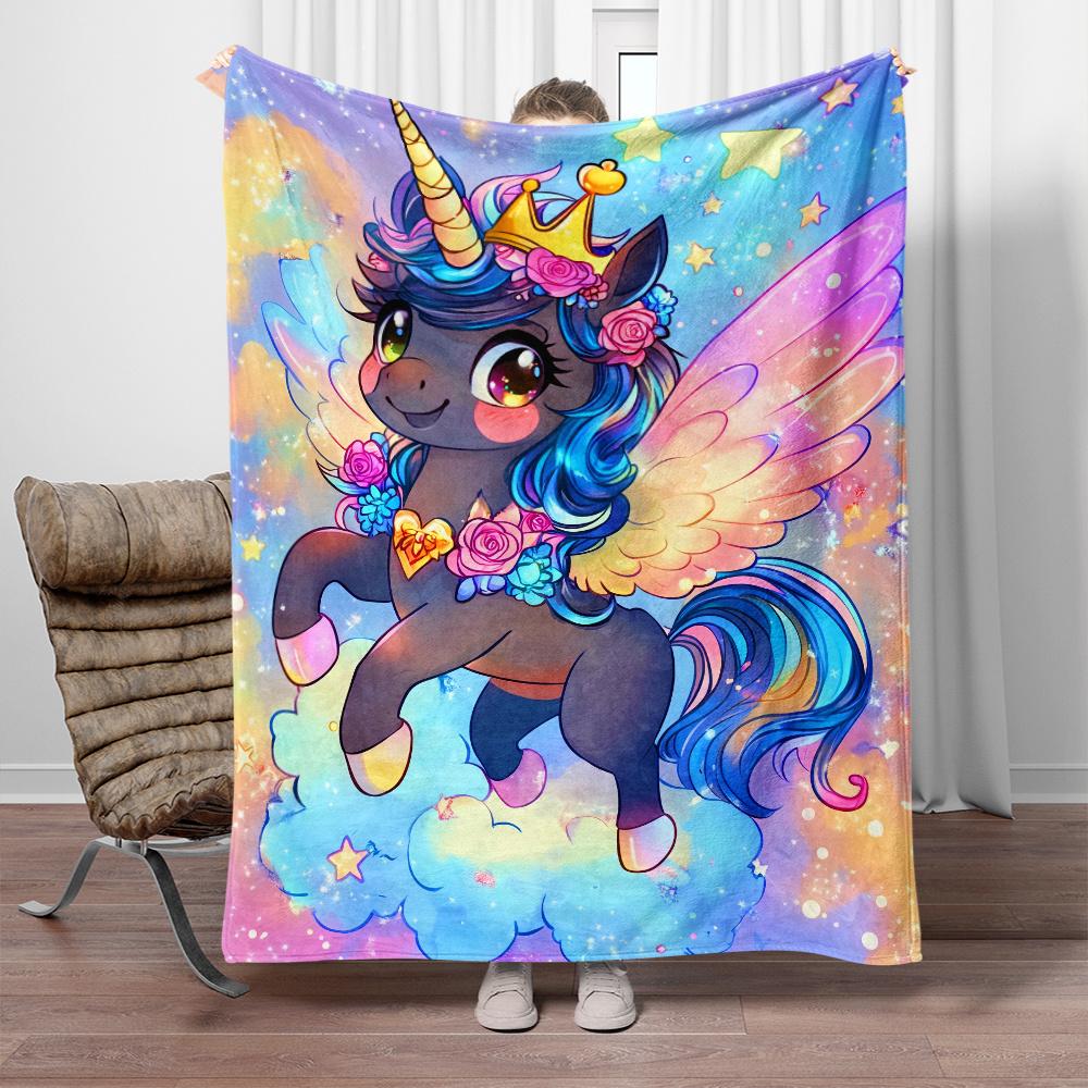 Magical Unicorn With Wings Crown Flowers Rainbow Sky Fleece Blanket Cute Fantasy Animal Soft Flannel Throw For Kids BedroomDecor