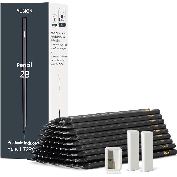 VUSIGN Pencils Bulk - 72 Pack 2B Pre-sharpened Drawing Pencils, With 1 Sharpener & 2 Erasers, for Art,Sketching, Shading, School & Office Supplies, 2B