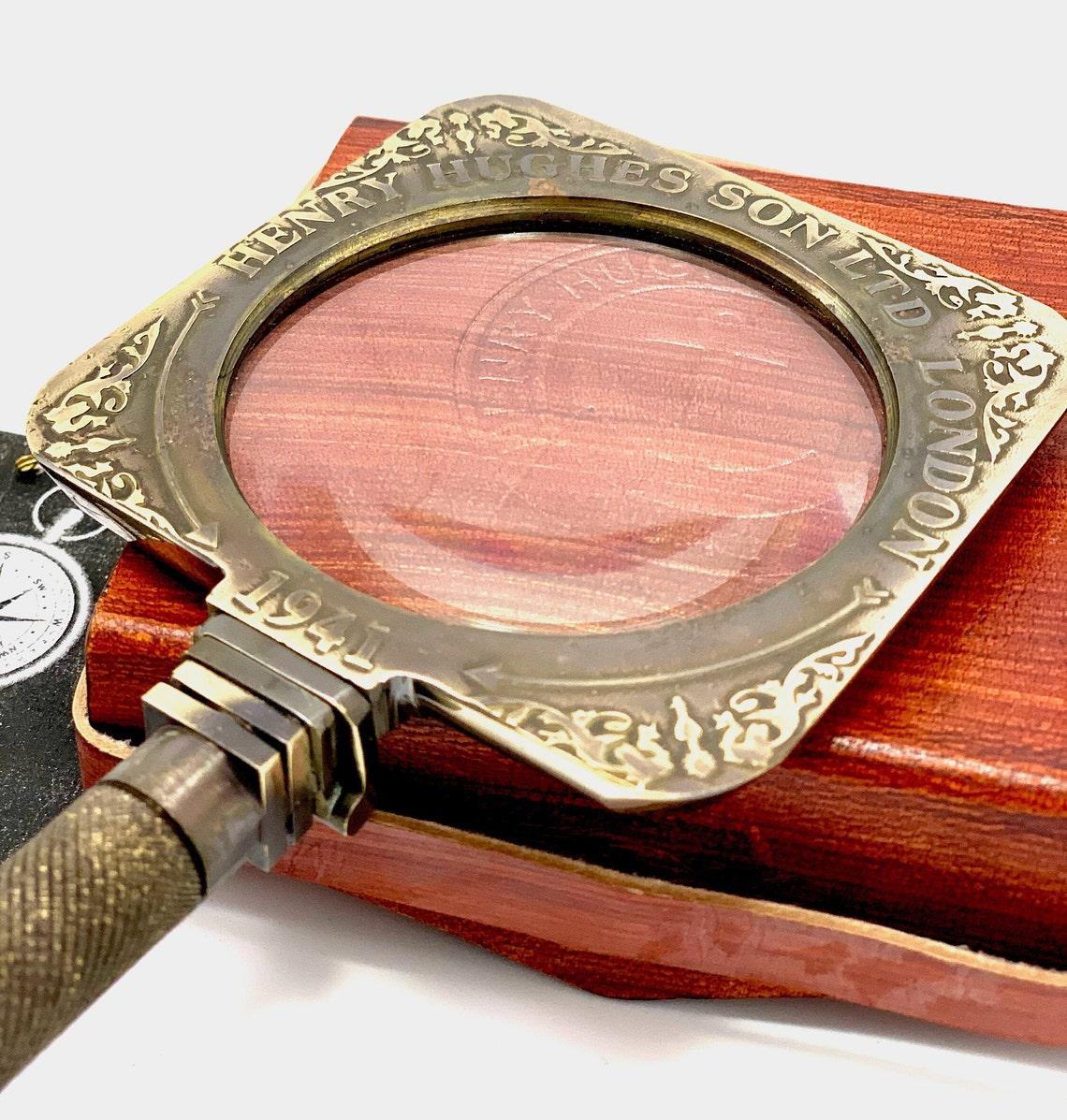 

Антикварна латунь Henry Hughes & Sons Збільшувальне скло Шкіряний чохол Настільний декор Лупа Офісний декор