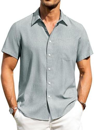Alimens & Gentle Men's Linen Shirt Short Sleeve Button Up Shirt Wrinkle Free Casual Vacation Beach Summer