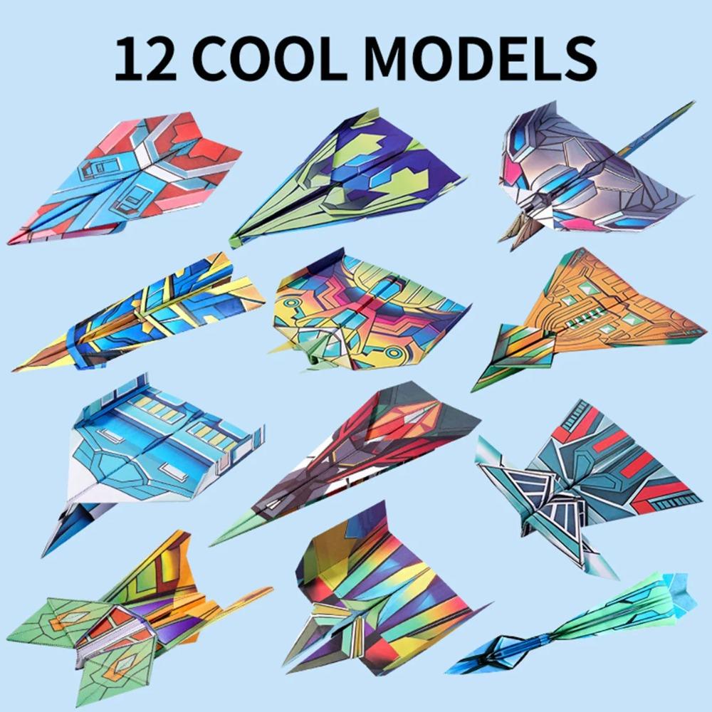Kit per aeroplani di carta con 12 design classici, Carta origami colorata, Aeroplani da record mondiale, Aeroplani per studenti scolastici(Scava