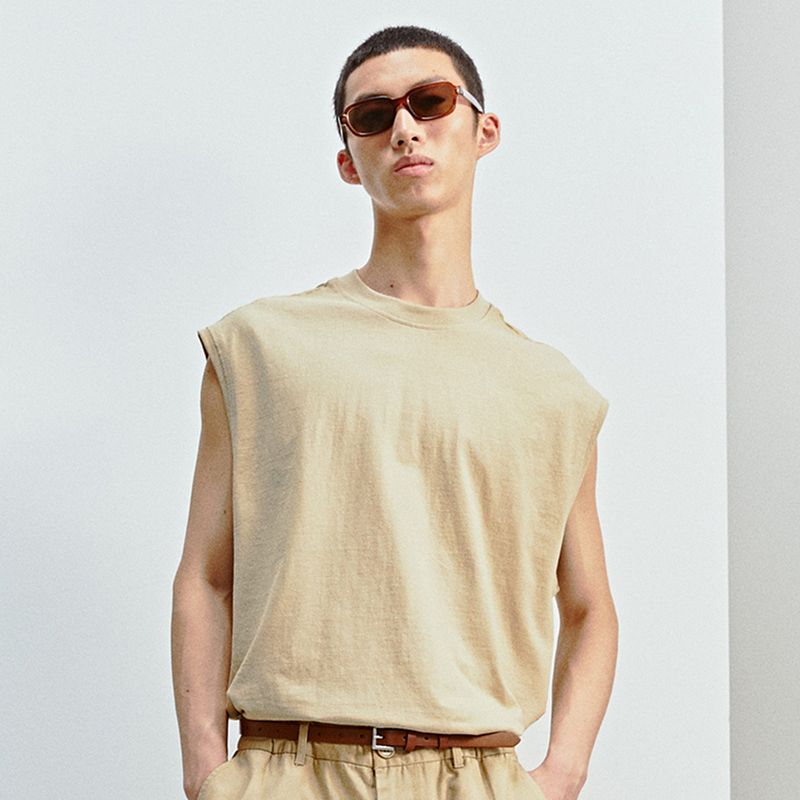 

HM Men s Vest 2025 Summer New Arrival Loose American Sleeveless Heavy Weight Cotton round Neck Tops 1288285 Beige 170/92(S)